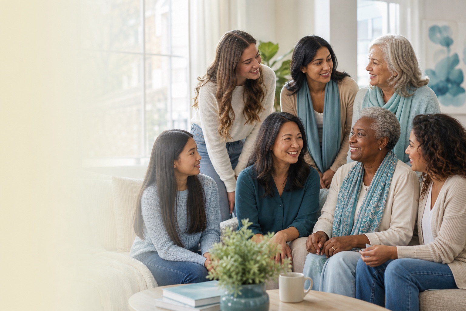 An ethnically diverse group of women and girls across generations gathered in conversation